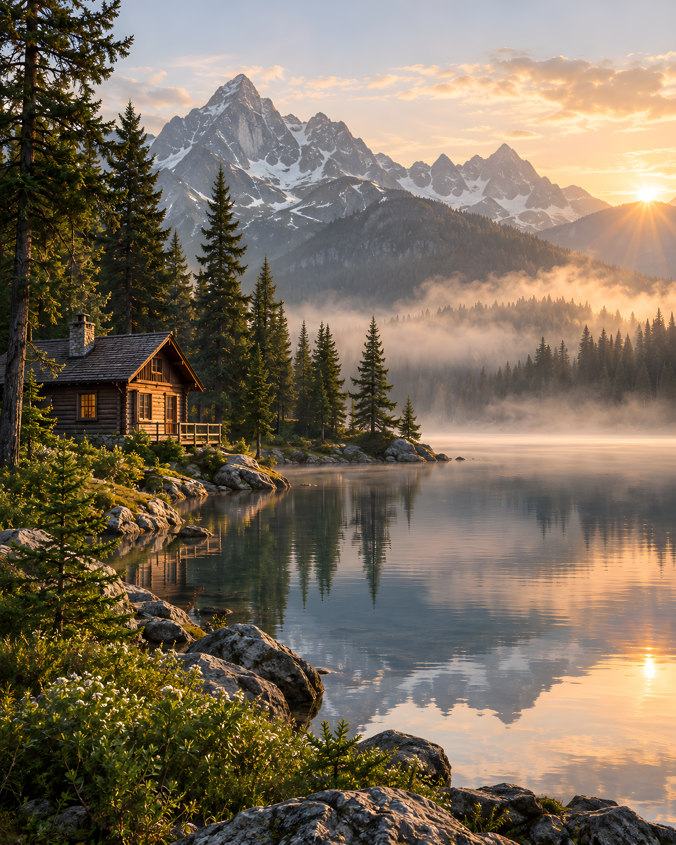 Alpine lake and cabin after a real 2× upscale