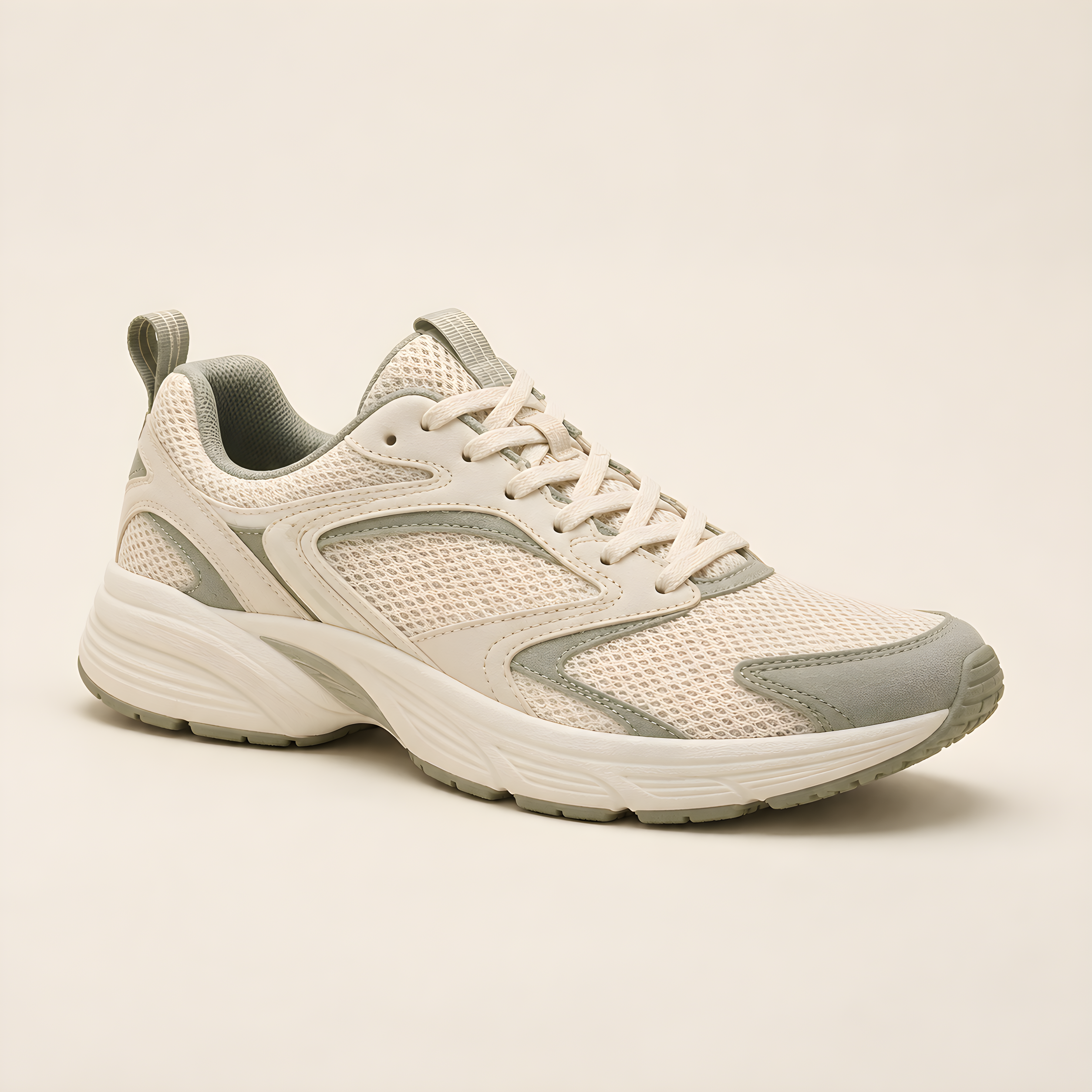 Cream and sage sneaker after a real 2× upscale