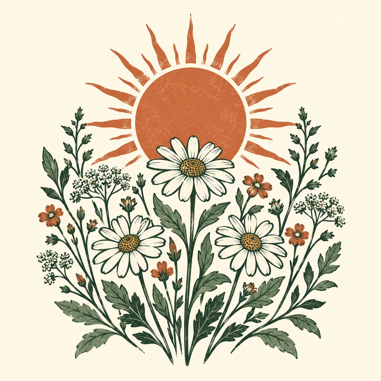 Flat terracotta sun and green wildflower artwork for print-on-demand merchandise