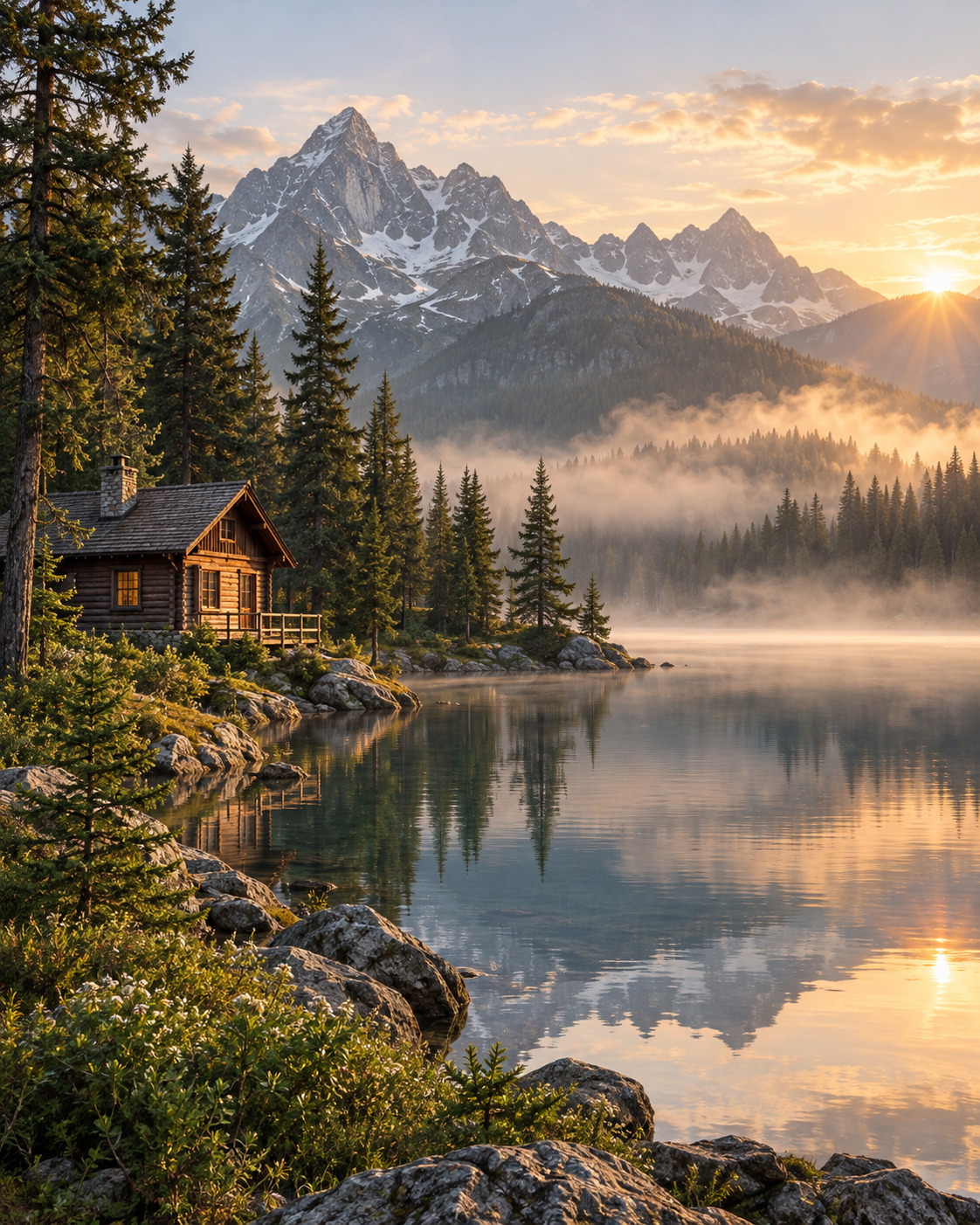 Original portrait landscape of an alpine lake and cabin for a wall print