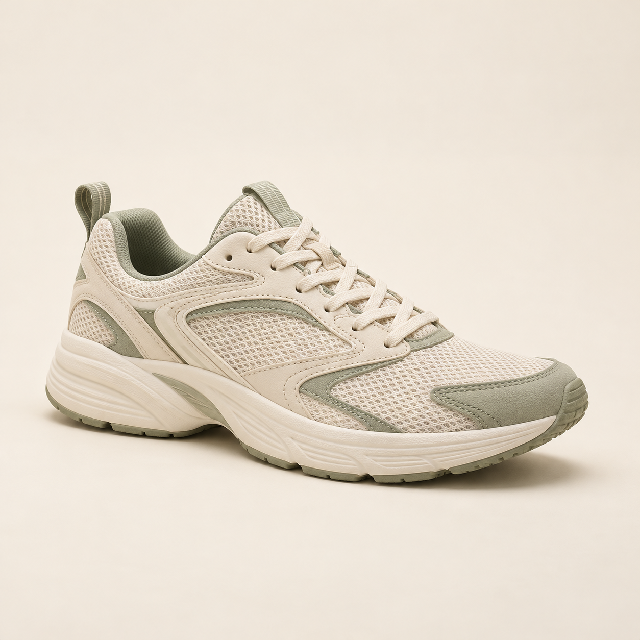 Cream and sage sneaker on an ivory background for an ecommerce listing