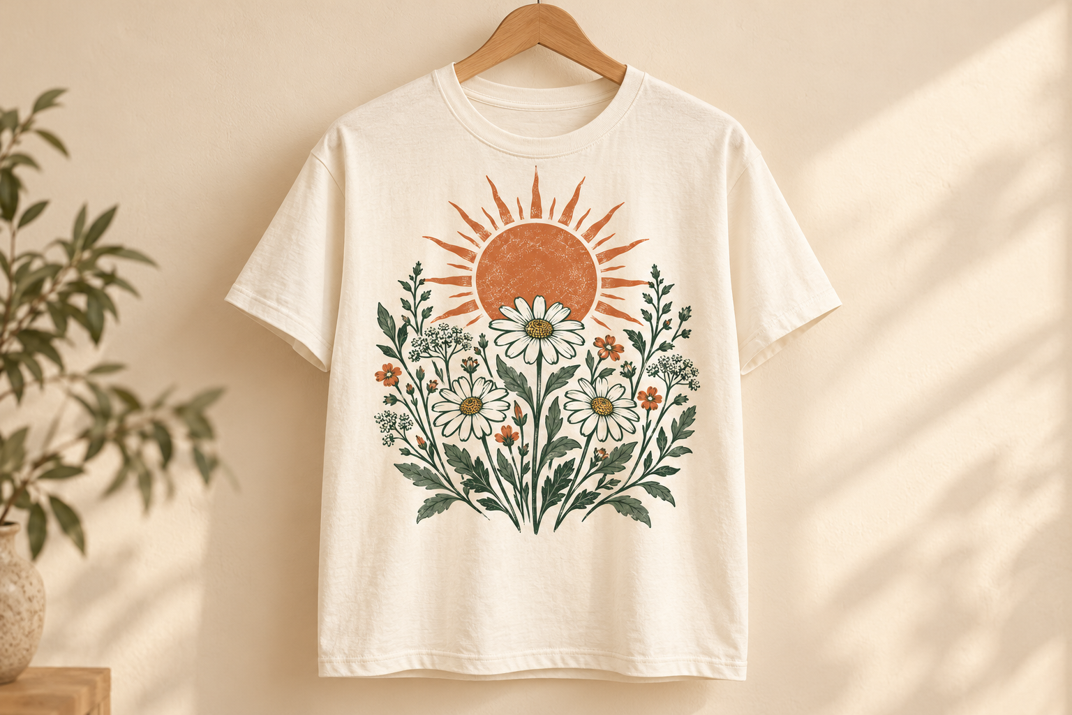 Cream cotton T-shirt with a botanical sun design, conceptual merchandise mockup