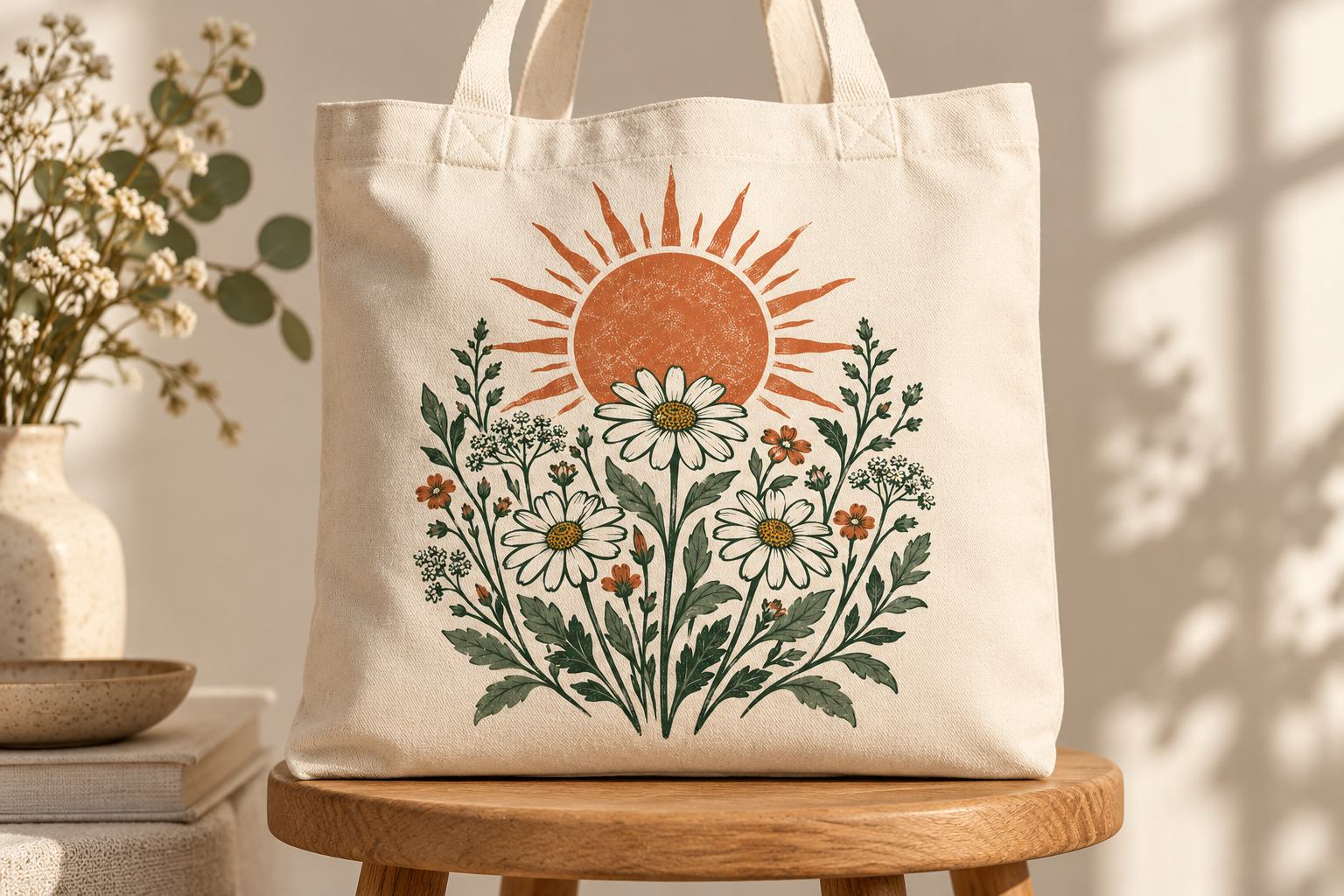Canvas tote bag with botanical sun artwork on a stool, conceptual merchandise mockup
