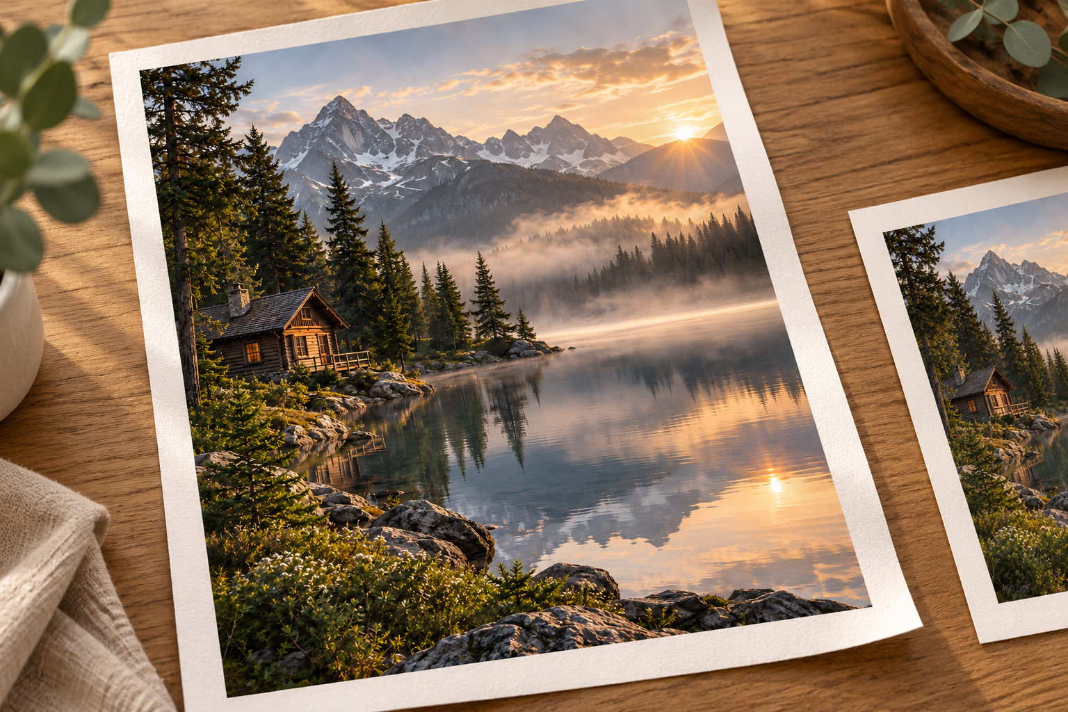 Two landscape paper prints on an oak table, conceptual print mockup