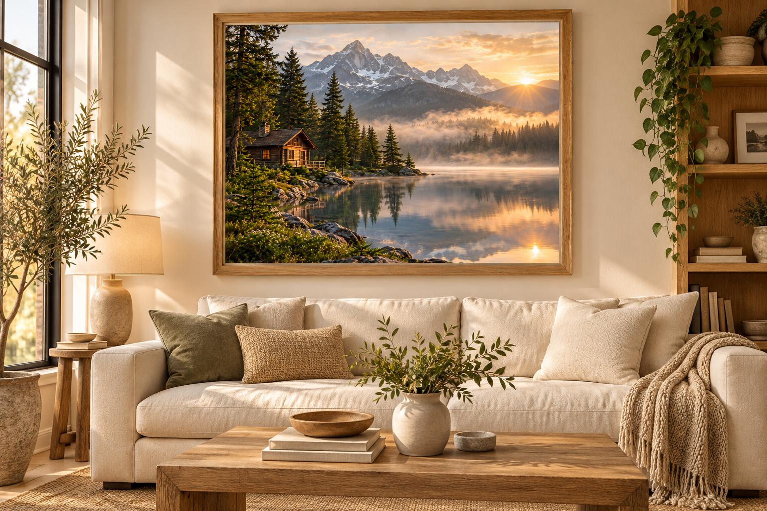 Mountain lake landscape in an oak frame above a cream sofa, conceptual mockup