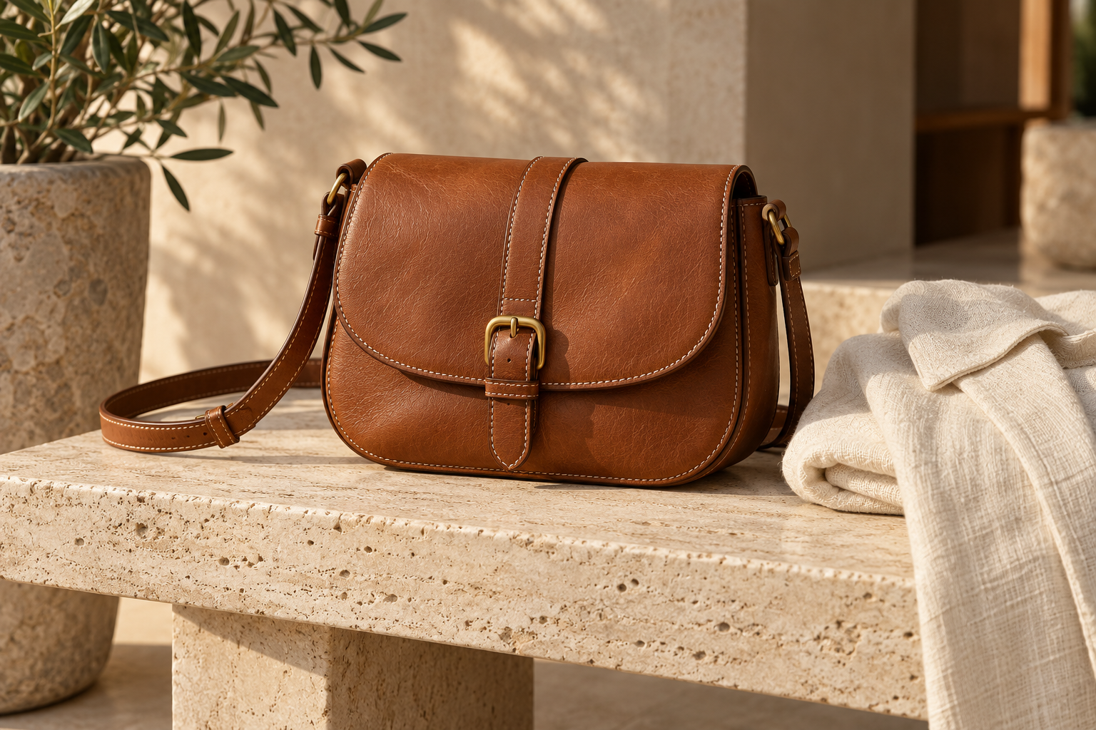 Cognac leather handbag beside linen on a sunlit stone bench