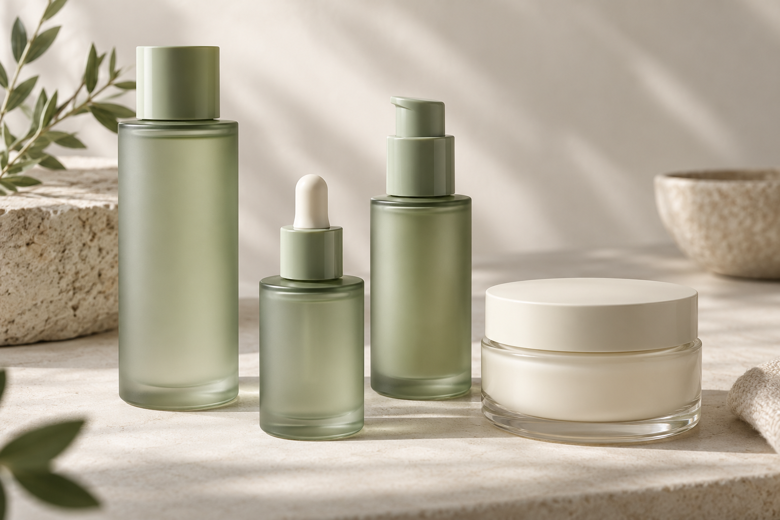 Sage skincare bottles and a cream jar in a studio catalog scene