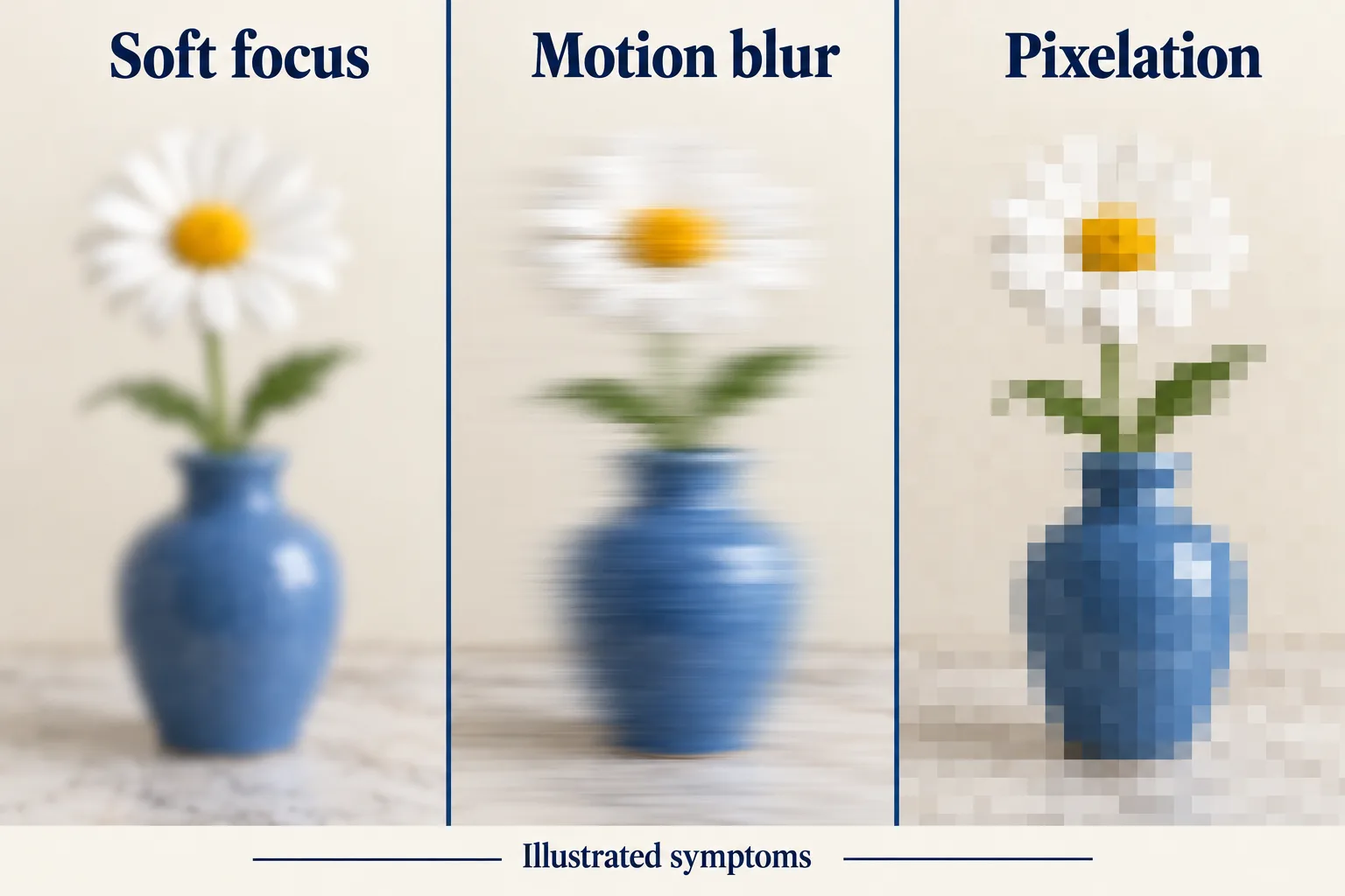 Illustrated examples of soft focus, directional motion blur and pixelation on a flower photograph