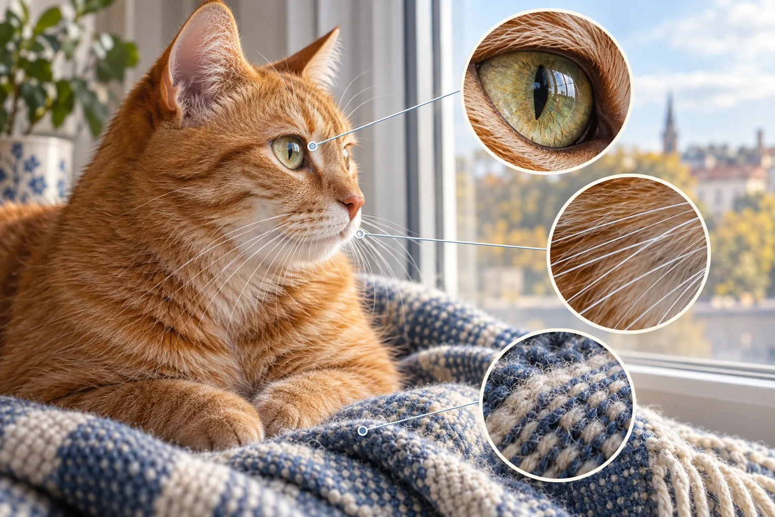 Tabby cat with magnified views of its eye, whiskers and blanket texture