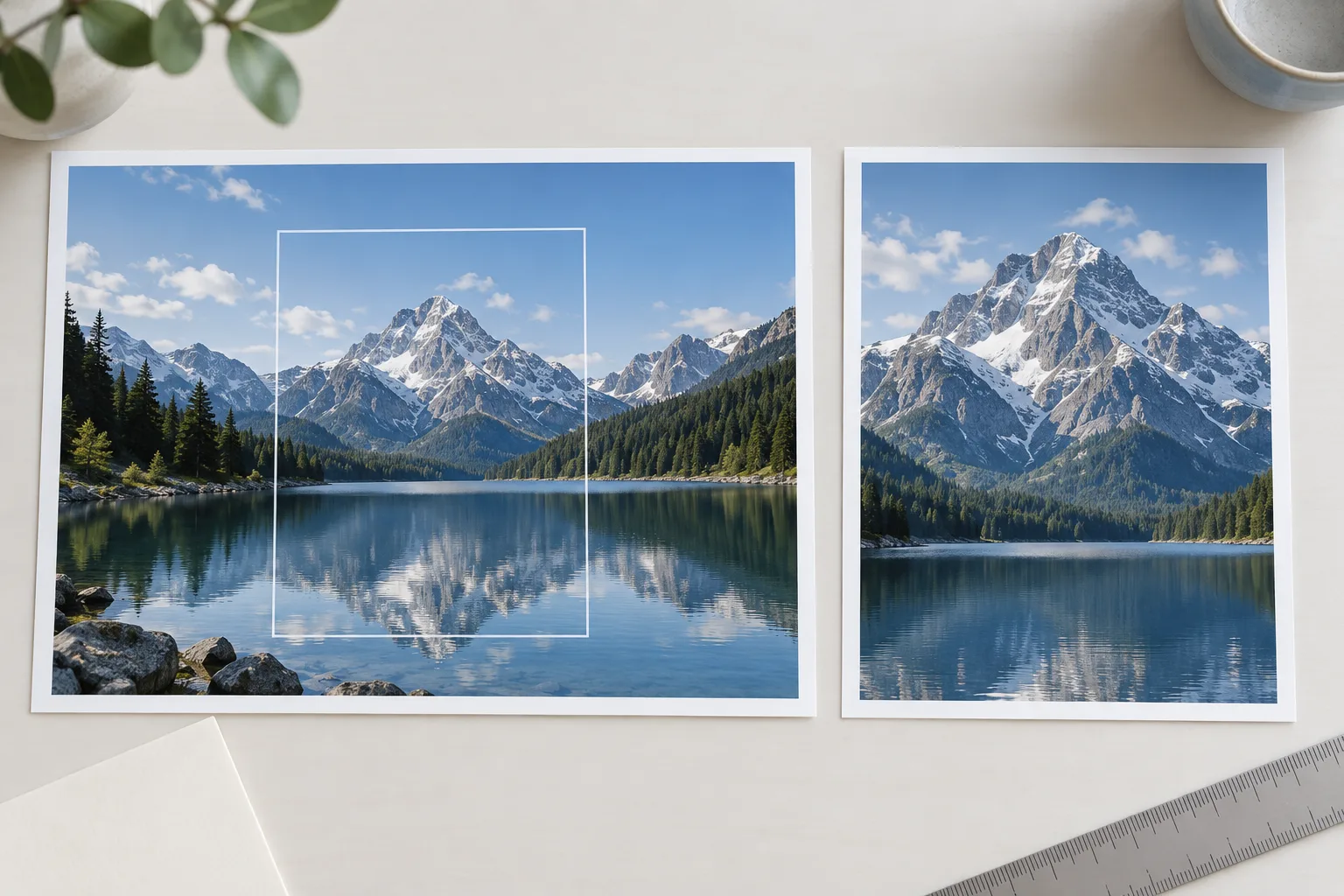 Landscape photograph and a portrait crop showing which scenery is removed