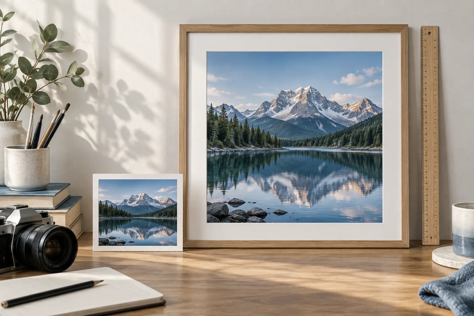 Small landscape photo beside a larger framed mountain lake print
